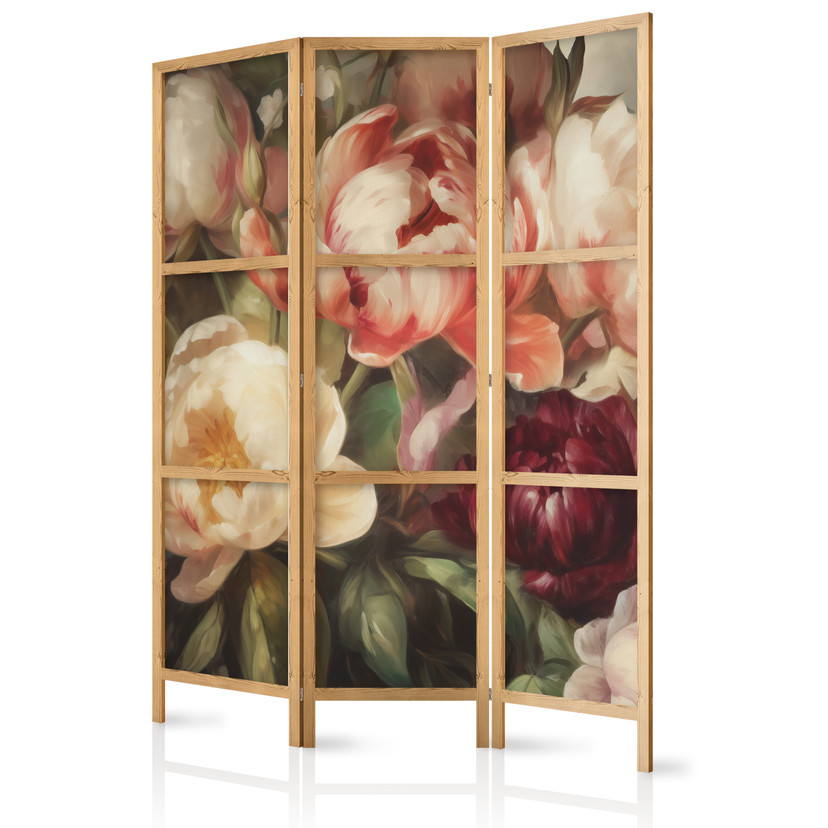Japanischer Paravent, Raumteiler freistehend, Trennwand - Blooming Sunlit Peonies