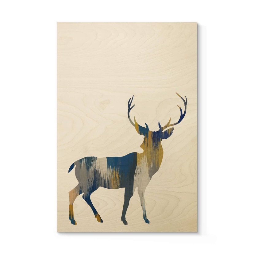 Plakat drewniany Orara Studio - Jeleń niebiesko-żółty