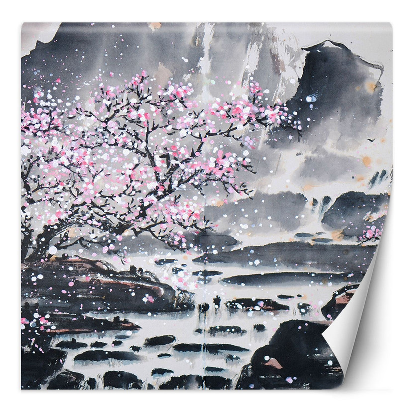 Fototapete, Blühender Kirschbaum Japan Landschaft