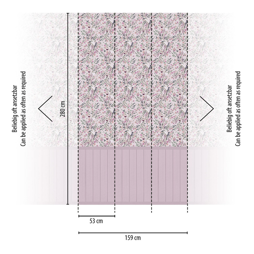 Papier peint oiseaux & branches rose - Échantillon floral avec panneau de bois - Papier peint intiss