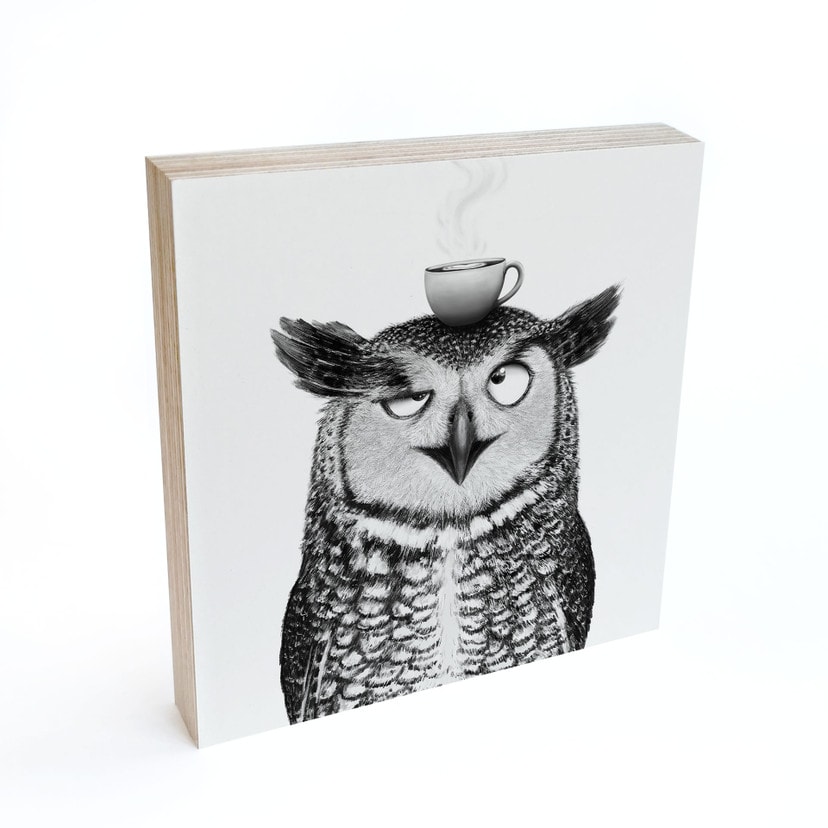 Tableau sur bois à poser - Hibou amusant avec café - Korenkova - 15x15 cm