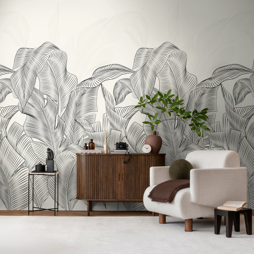 Papier peint intissé jungle feuilles gris noir mat extensible 1,59 x 2,80 m Papier peint photo