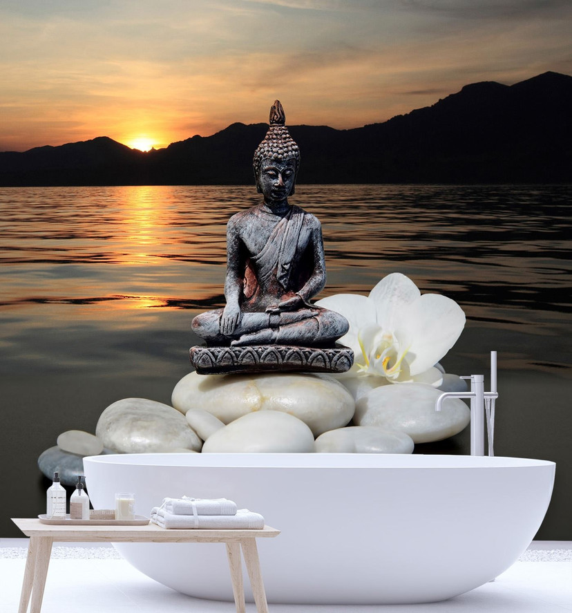 Fototapete, Buddha-Figur auf den Steinen bei Sonnenuntergang
