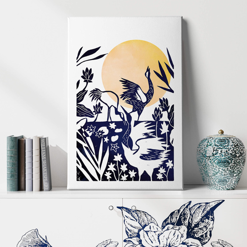 Leinwandbild Goed Blauw - Linolschnitt Kranich