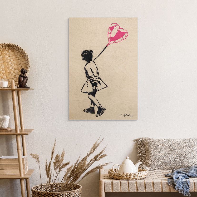 Houten Wanddecoratie Streetart Meisje met Hartballon - Habib