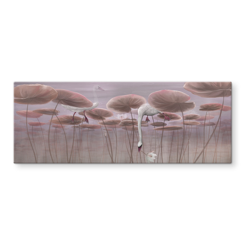 Spatscherm Lotusbloemen met zwaan in water in donkerroze - Ms Tiff - Panorama
