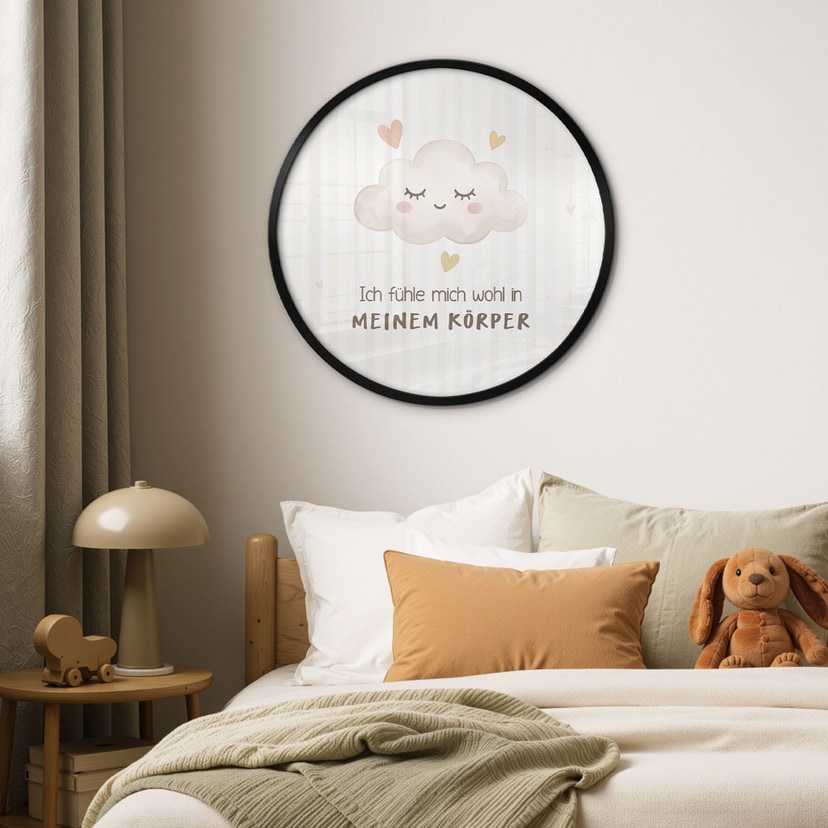 Rundes Affirmationsposter mit Wolke - 'Ich fühle mich wohl in meinem Körper' für das Kinderzimmer