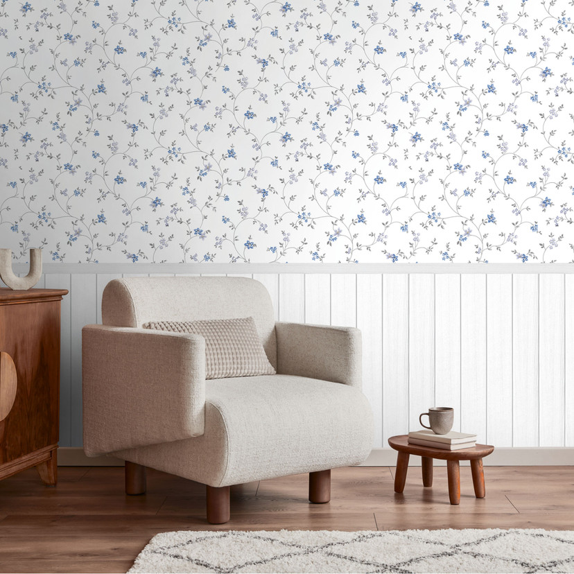 Papier peint photo rinceaux de fleurs avec panneau de bois bleu blanc - Romantique & extensible
