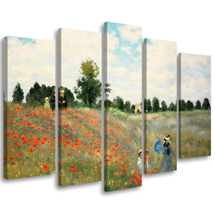 5 stykke lærredsprint, Field Of Poppies Claude Monet