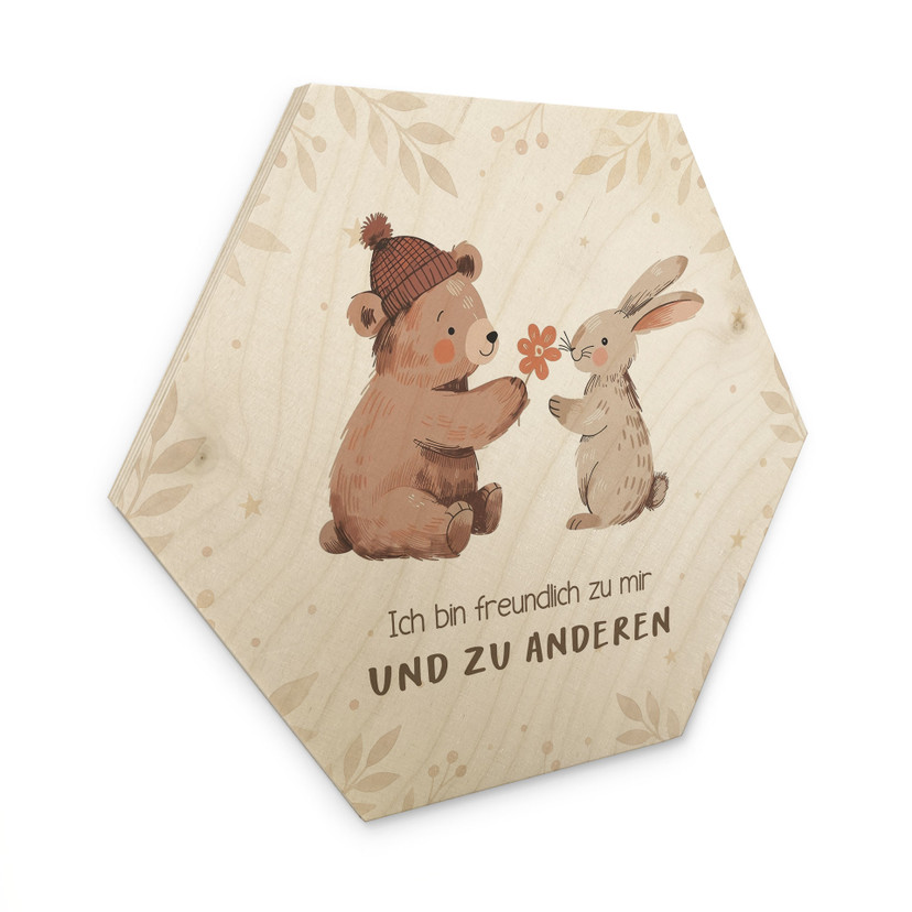 Holzbild Hexagon mit Bär und Hase - positiver Spruch 'Ich bin freundlich'