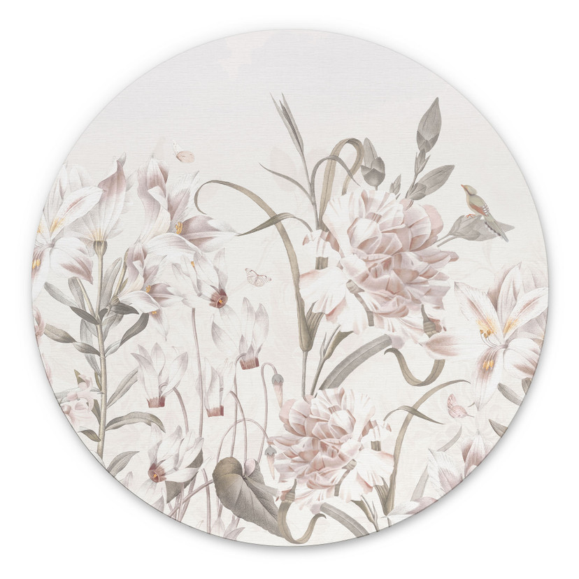 Billede blomstereng i lyserød - Bloomery Decor - rund – print på aluminium (Alu-Dibond)