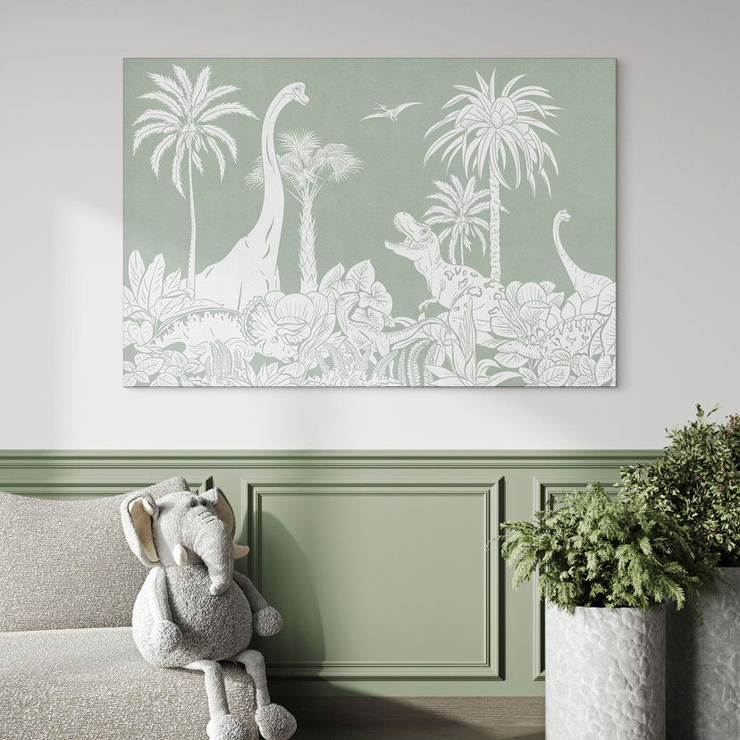 Billede Grønne urtidsverdener - Dinosaurer under palmer - Kikki Belle – print på aluminium
