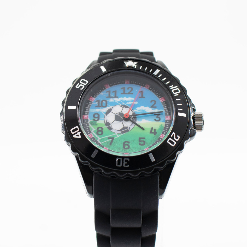 Sportliche Kinder Armbanduhr - Lernuhr analog aus Silikon - Fußball schwarz