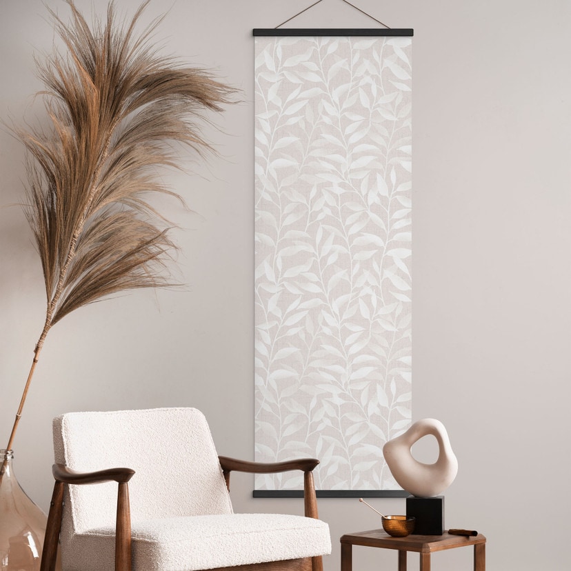 Tekstil plakat Delikate akvarelblade - Blød beige - Blomsterdekoration - Panorama