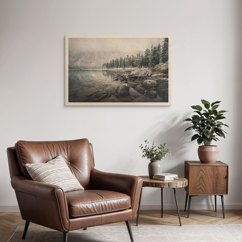 Tableau sur bois Forêt d'hiver au bord du lac - Rostovskiy