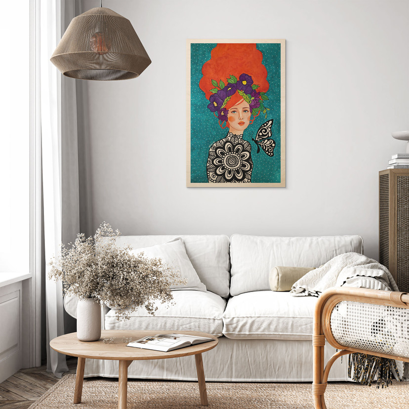 Tableau sur bois Femme papillon avec couronne de fleurs - Hülya