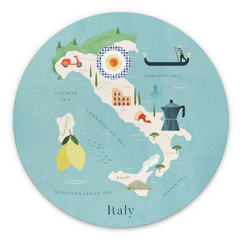Vægcirkel Kort over Italien - Rivers – print på aluminium (Alu-Dibond)