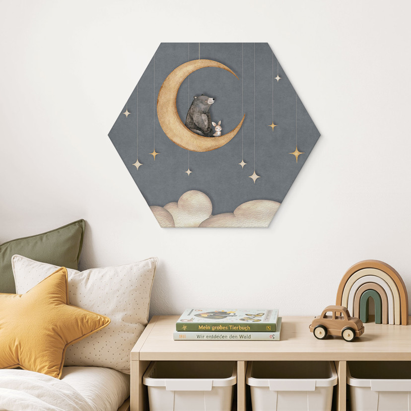 Tableau Hexagon Lièvre et Ours sur la Lune - Oliver Robins - Alu-Dibond
