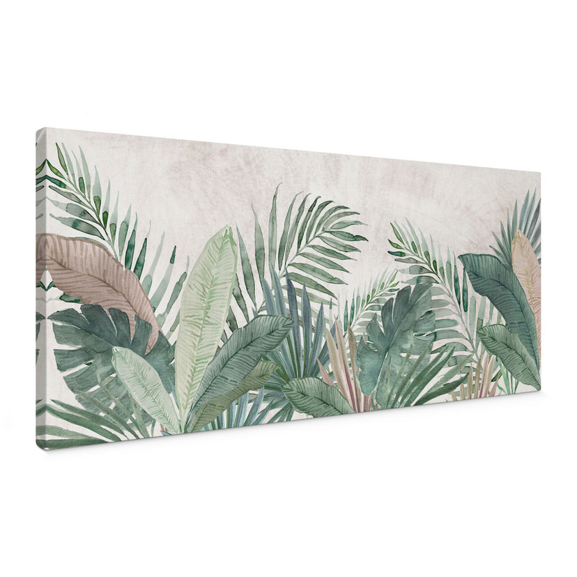 Canvasbillede Jungle Leaves Green Watercolour - Blomsterdekoration - Panorama