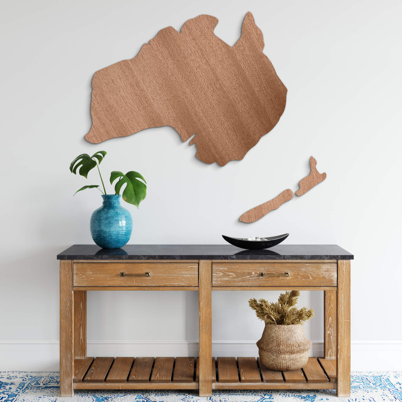 Dekoracja drewniana mahoń - Mapa Australia - Nowa Zelandia
