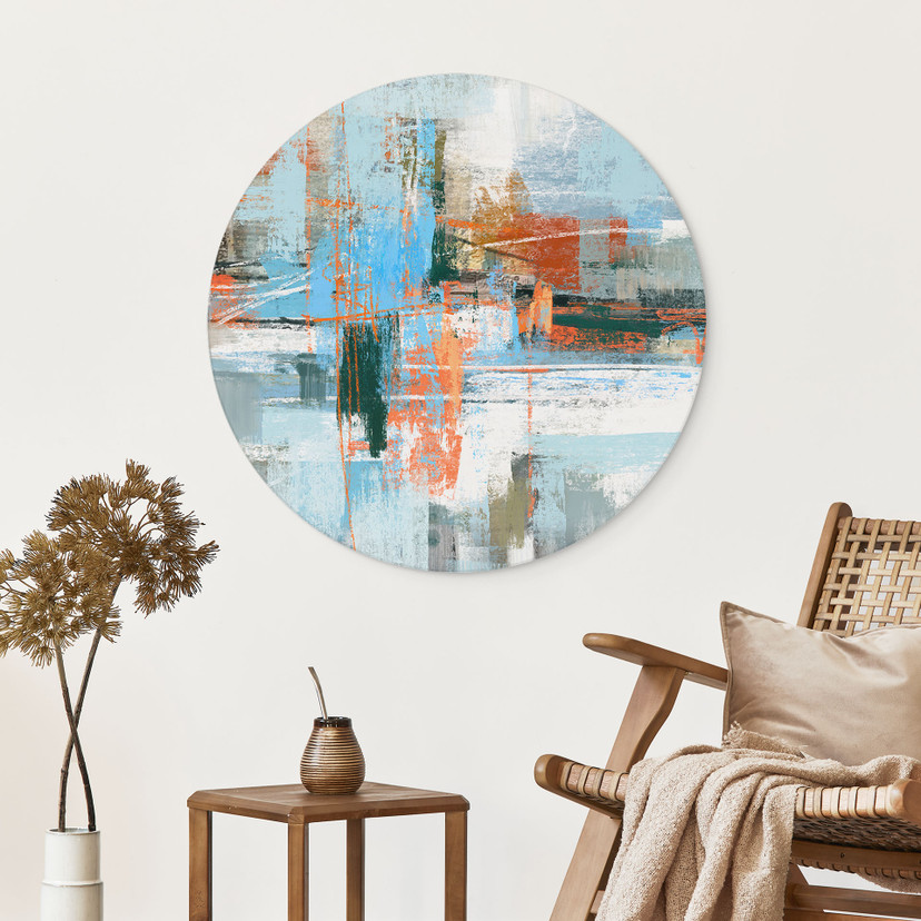 Wanddecoratie Abstract Kleurenspel Blauw Oranje - Cheney - Alu-Dibond Rond