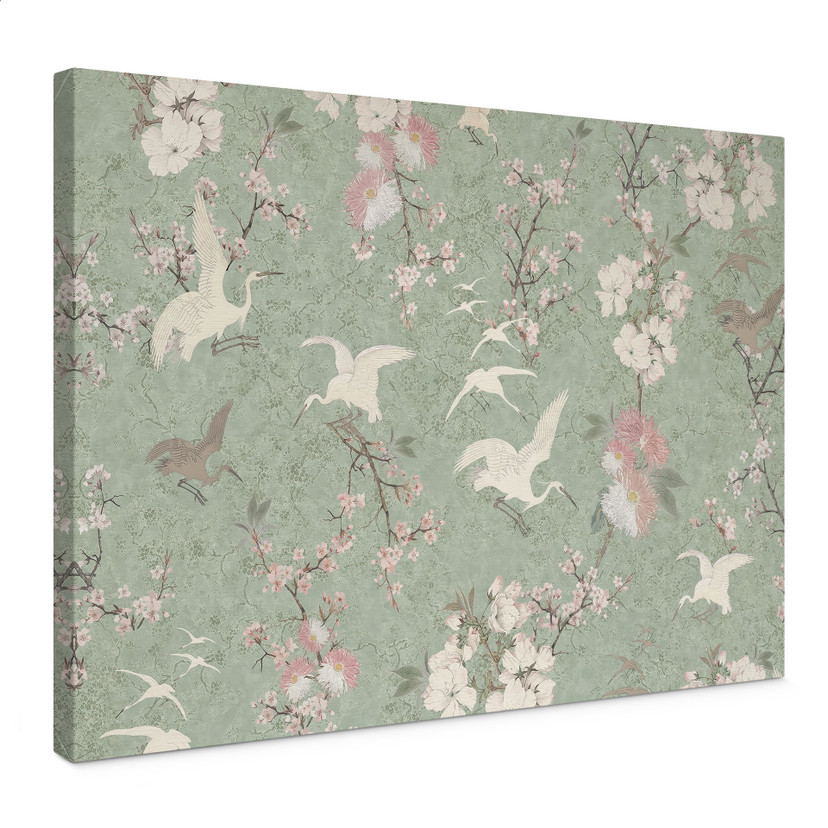 Canvas schilderij Kraanvogels in Kersenbloesem Rush Green - Bloomery Decor