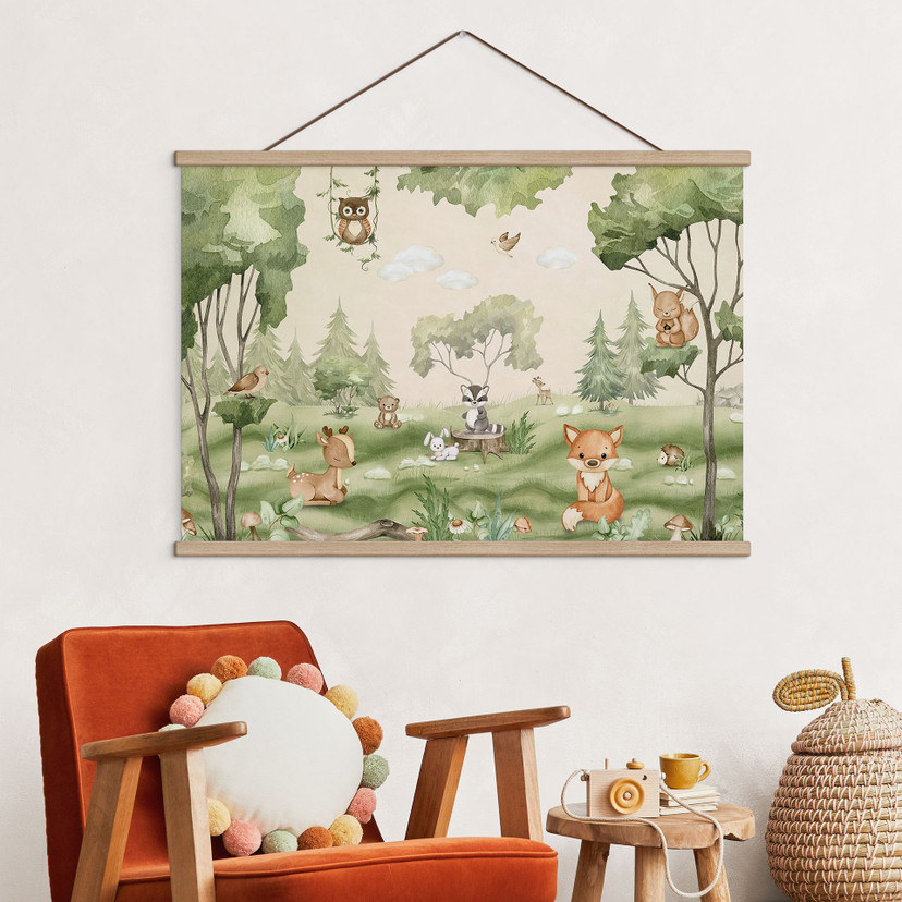 Habitación infantil Póster de tela Dulces animales en el corazón del bosque - Oliver Robins
