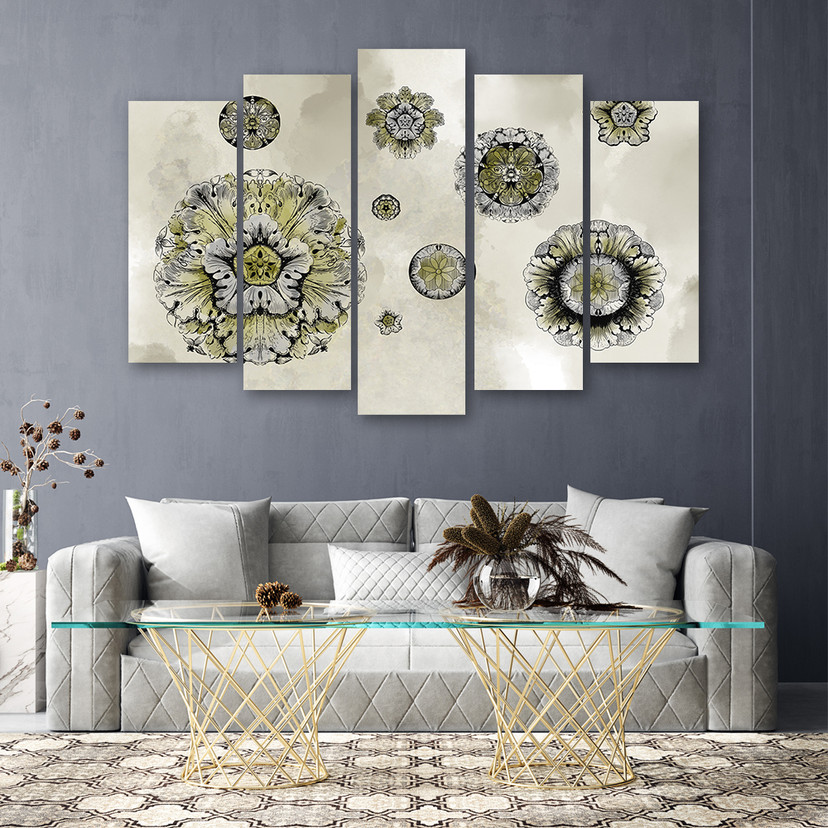 5 stykke lærredsprint, blomstergeometriske former