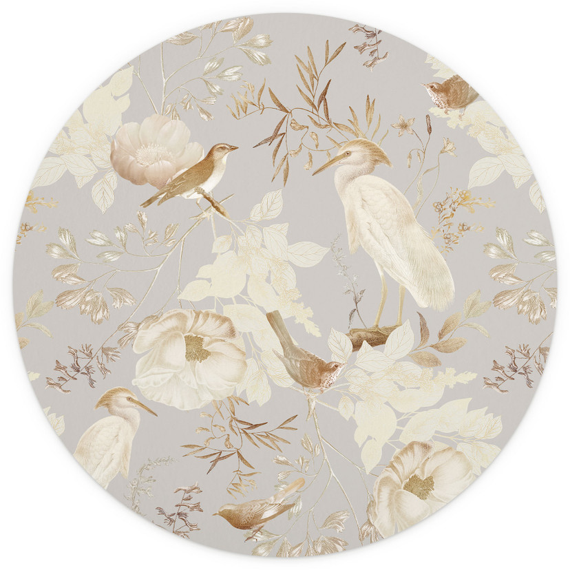 Fototapete Vögel zwischen weißen Blumen - UN Designs - Rund - Selbstklebend/Vlies