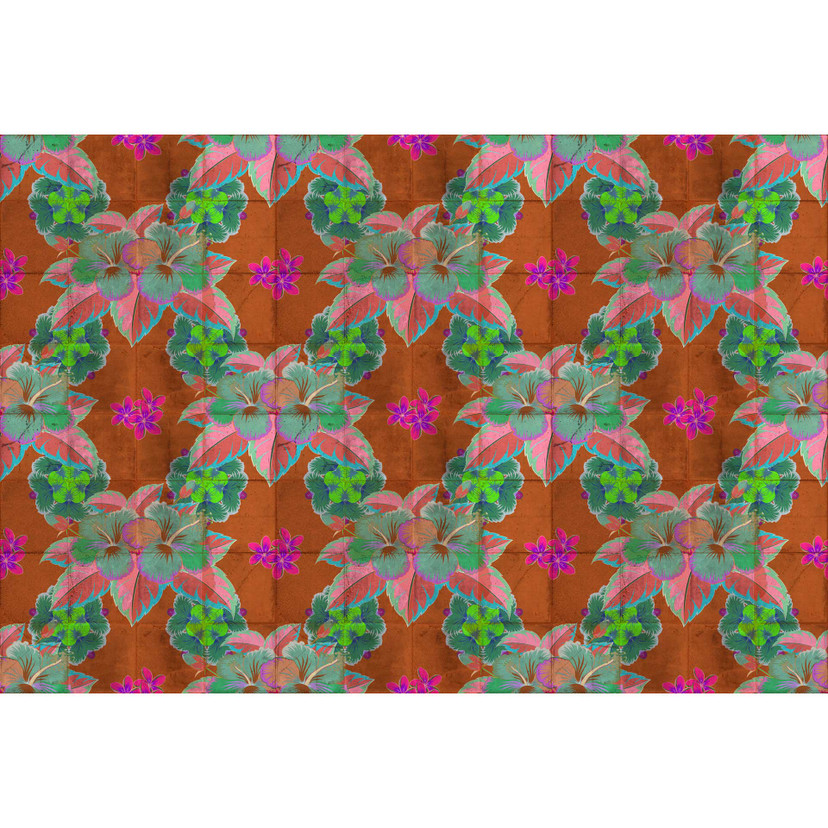 Papier peint fleurs tropicales - turquoise et rose sur terre cuite - intissé