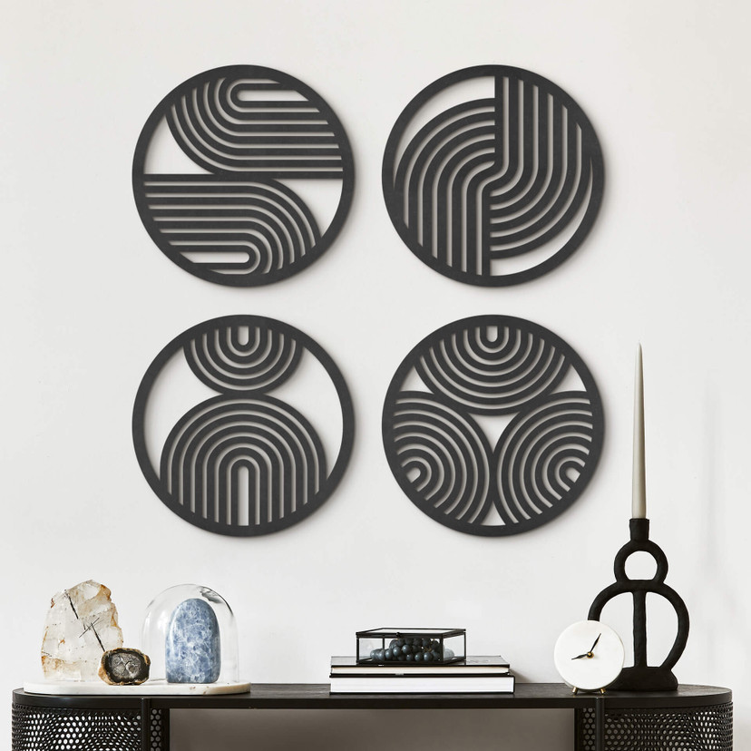 Dekoracja MDF Boho rainbow - okrągła geometryczna grafika (zestaw 4 sztuk)