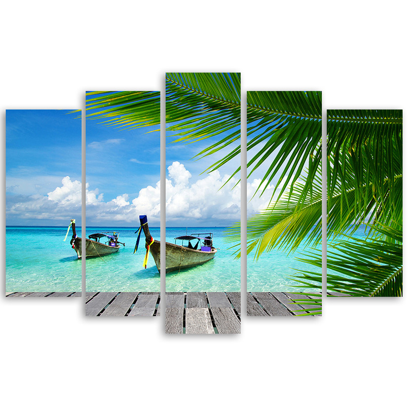 5 stykke lærredsprint Tropical Beach Sea Boats