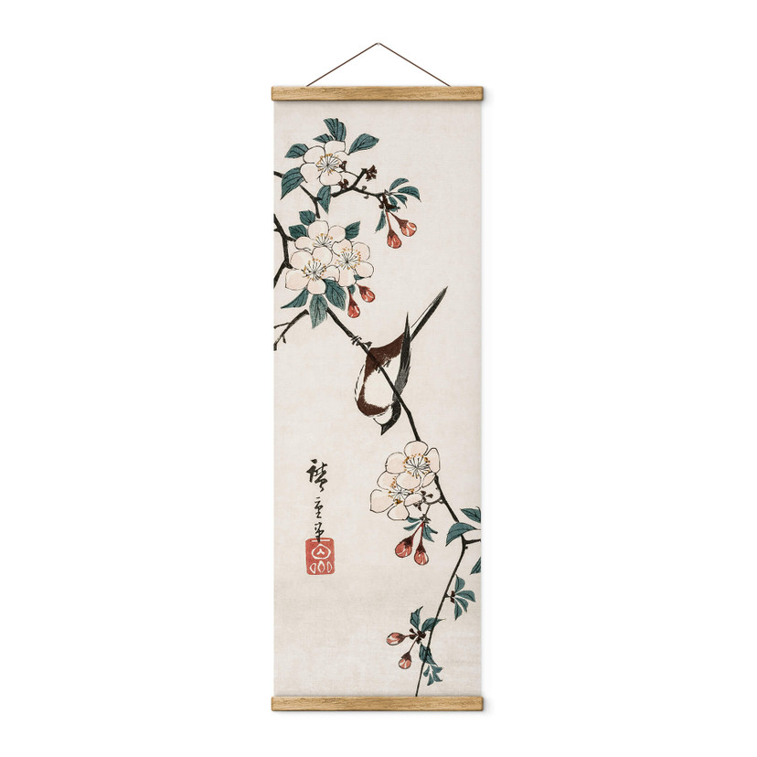 Textielposter Hiroshige - Kersenbloesem Vogel - Panorama