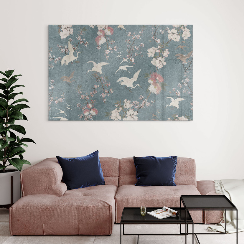 Akrylbillede Kraner i kirsebærblomst Rush Blue - Bloomery Decor