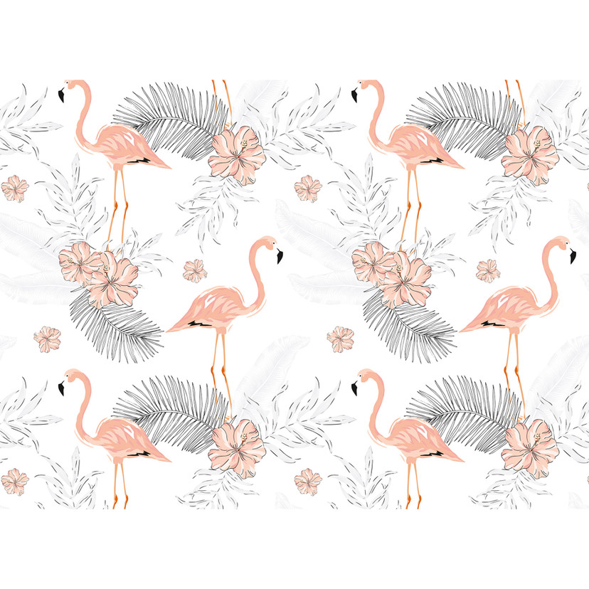 foto tapet Designwalls i hvid og pink non-woven tapet Tropical Vibes flamingo fugle