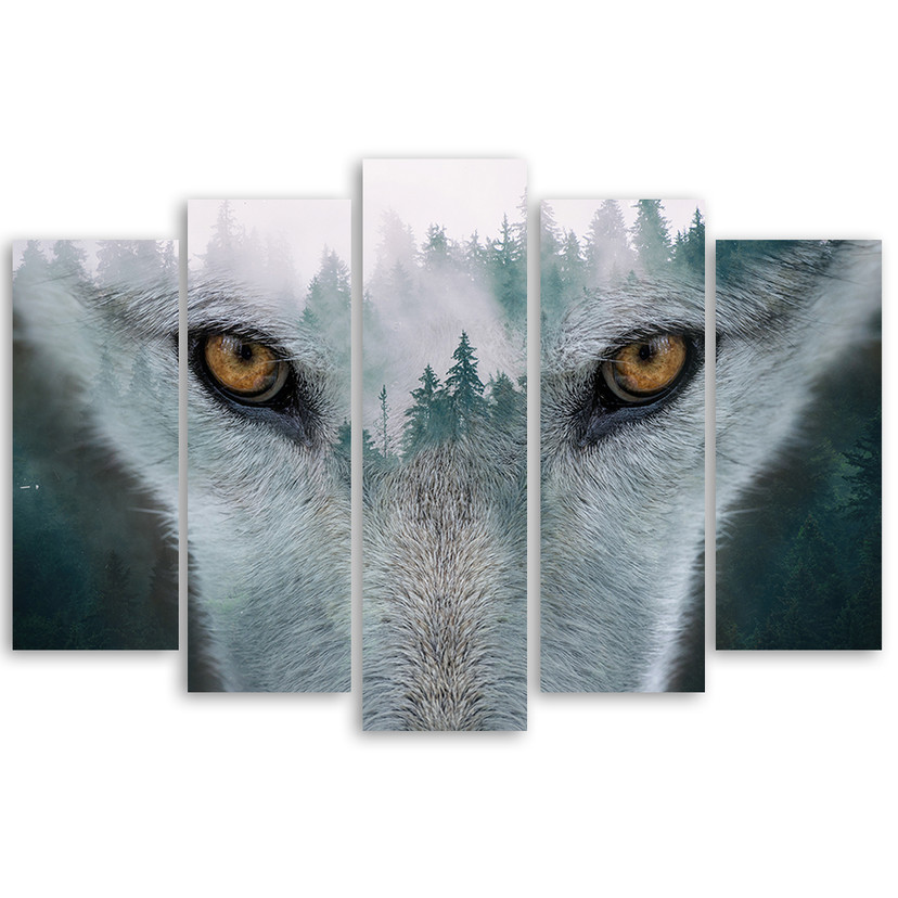 5 stykke lærredstryk, Wolf Forest Fog Nature Træer