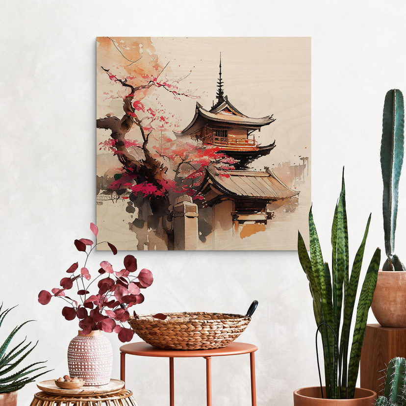 Plakat drewniany Japońska pagoda z kwiatami wiśni - Jaszke - Square