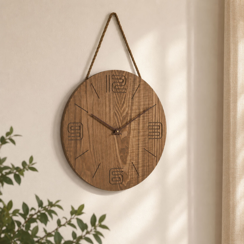 Horloge murale ronde en MDF effet bois avec suspension en corde, horloge rustique pour le salon 40x40x4,5 cm