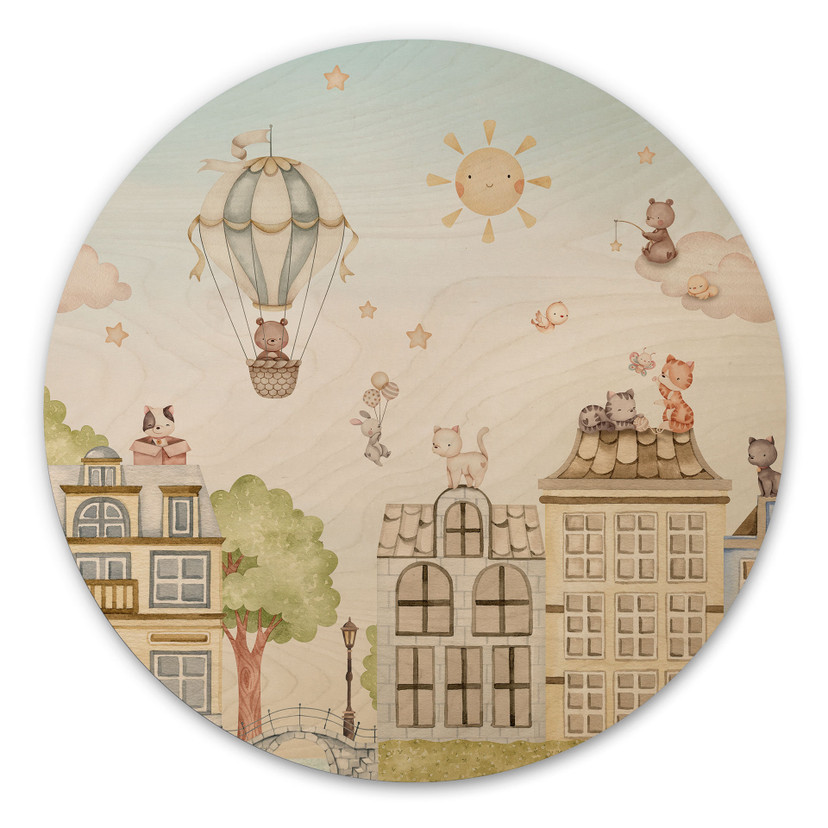Tableau sur bois Chats sur les Toits - Oliver Robins - Rond