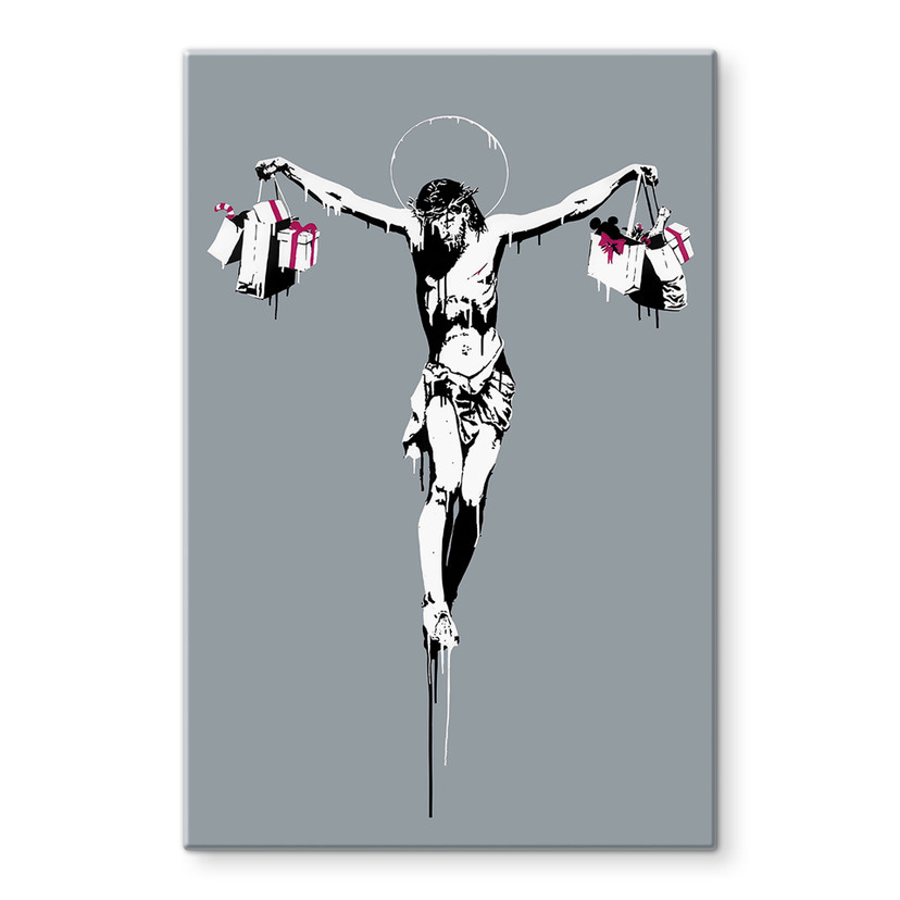 Stampa su vetro Banksy - Gesù Cristo con le borse della spesa
