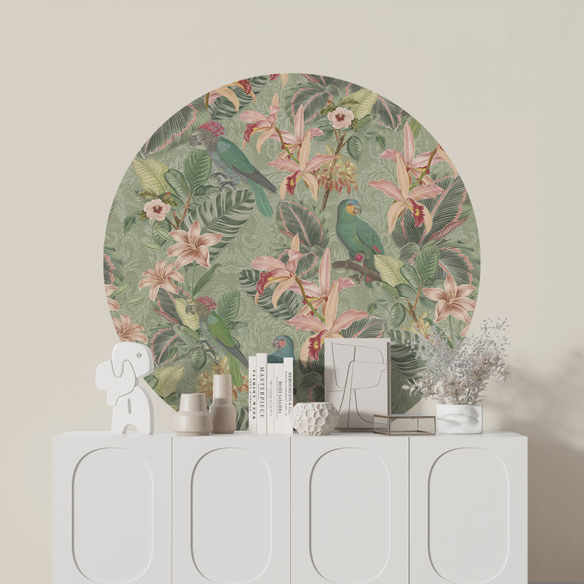 Jungle Muursticker met papegaaien groen - Bloemdecor - Rond