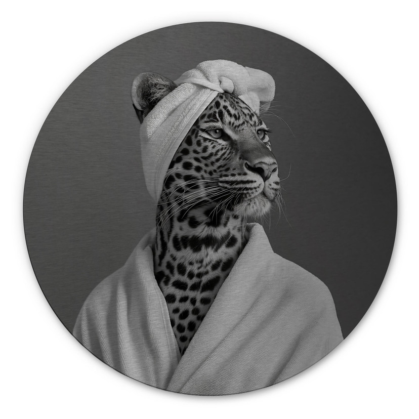 Billede med sølveffekt Royale Spa time-out med leopard - Rahner - rund – print på aluminium