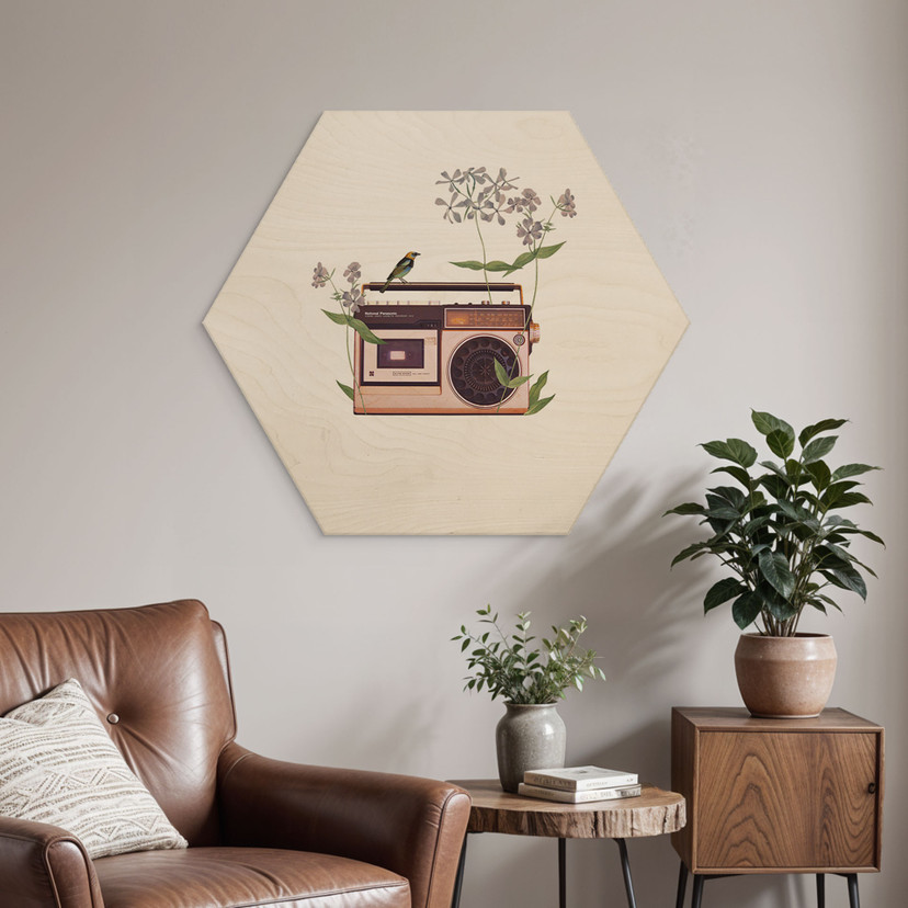 Hexagon-Holzbild Retro Radio floral - Frida Floral Studio