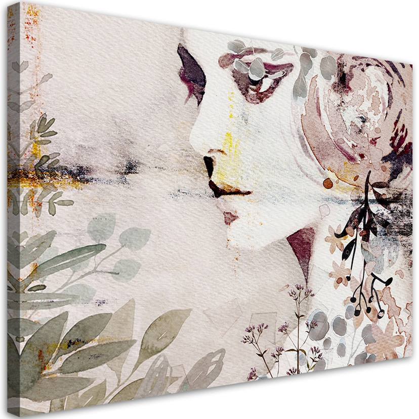 Canvasbillede, abstrakt kvindeansigt med blomster