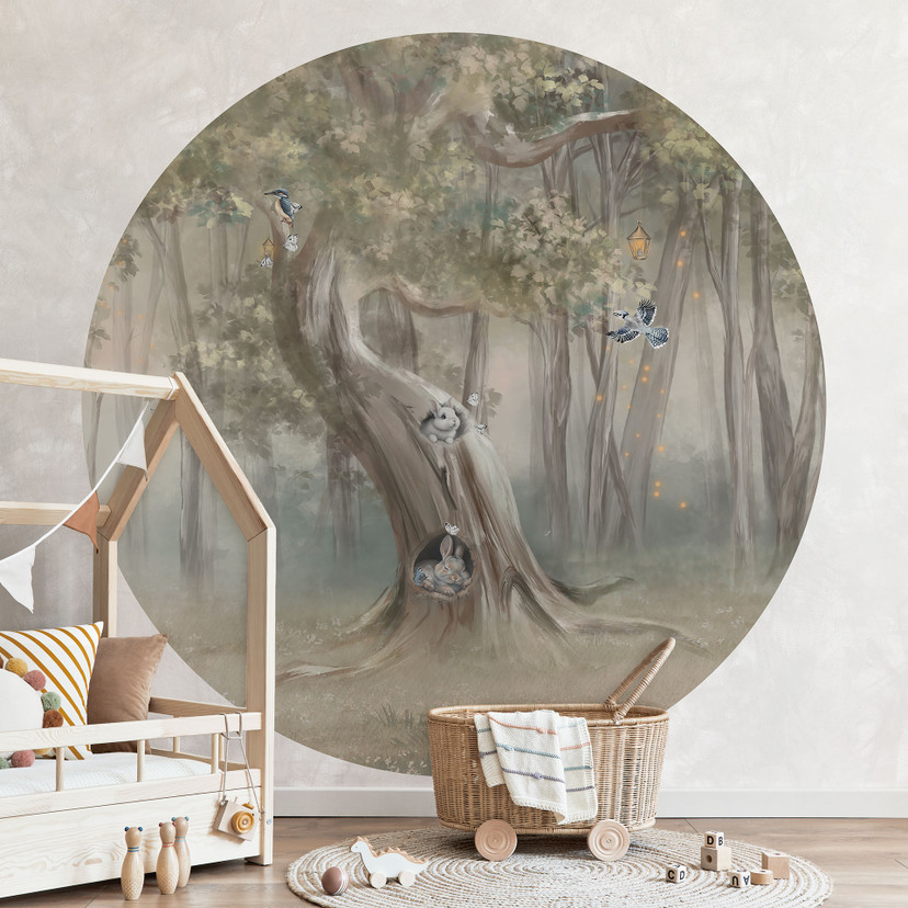 Kinderzimmer Fototapete Süße Waldtiere zwischen Bäumen - Ms Tiff - Rund - Selbstklebend/Vlies