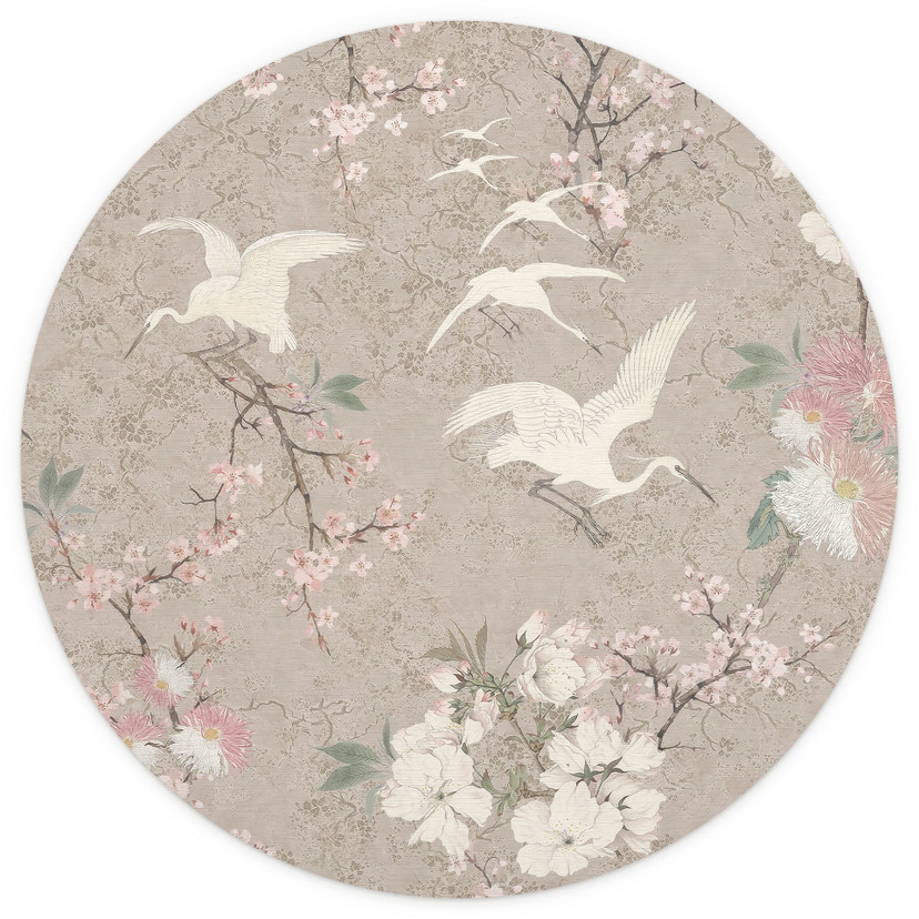 Papier peint photo grues dans l'ivresse des cerisiers en fleurs Beige | Chinoiserie papier peint - B