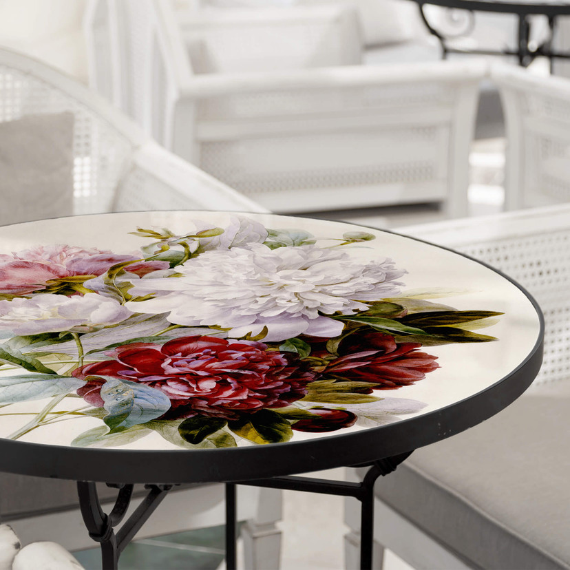 Plateau de table en verre - Redouté - Bouquet de fleurs rouges