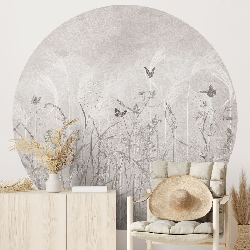 Fotobehang wilde bloemenweide met vlinders in Scandinavisch design - Ms Tiff - rond - zelfklevend/ni