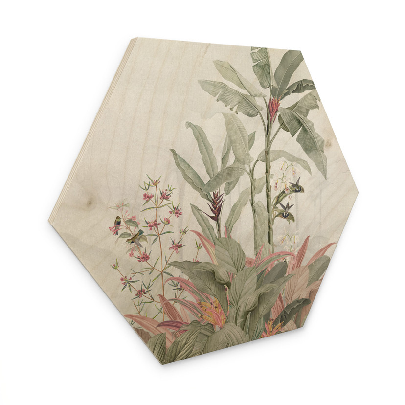 Houten Wanddecoratie zeshoekige tropische idylle met kolibrie blauw - Bloomery Decor