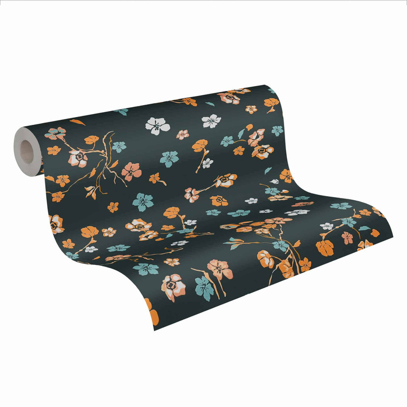 Blomstertapet sort gul - naturlig tapetdesigner - fleece tapet blomster
